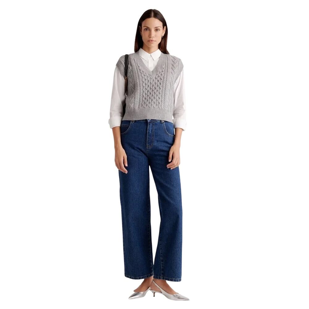 Quince Merino Wool Womens Light Gray Cable Knit V-Neck Sweater Vest Size L
